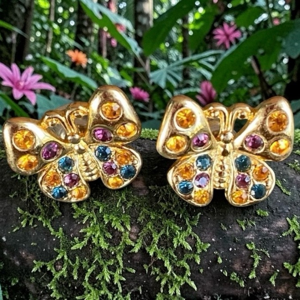 JOAN RIVERS GOLD TONE BUTTERFLY PIERCED EARRINGS WITH MULTICOLORED CRYST… - Picture 2 of 6